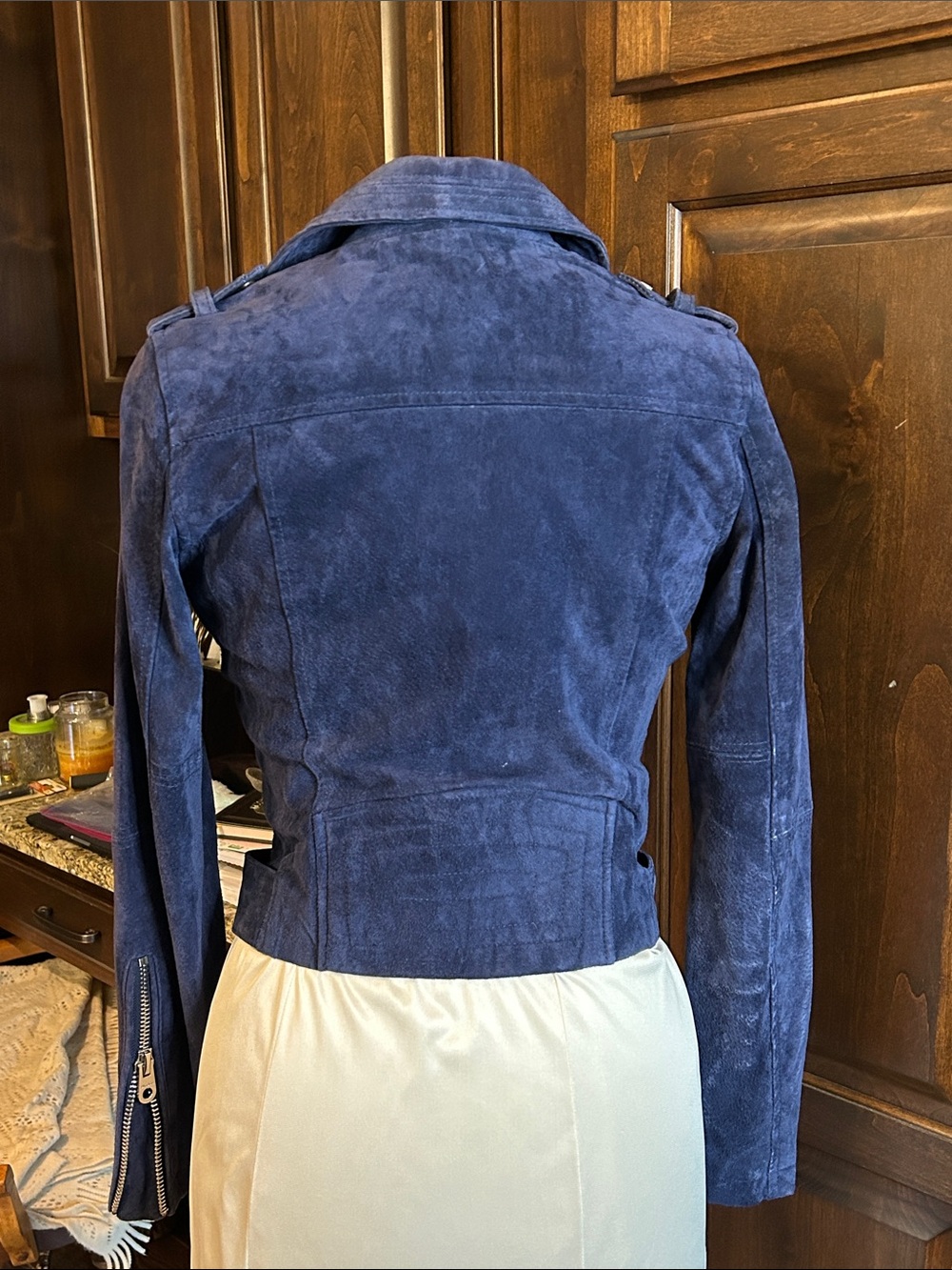 Vigoss Sz S Blue Suede Moto Style Crop Leather Suede Jacket - Picture 2 of 7